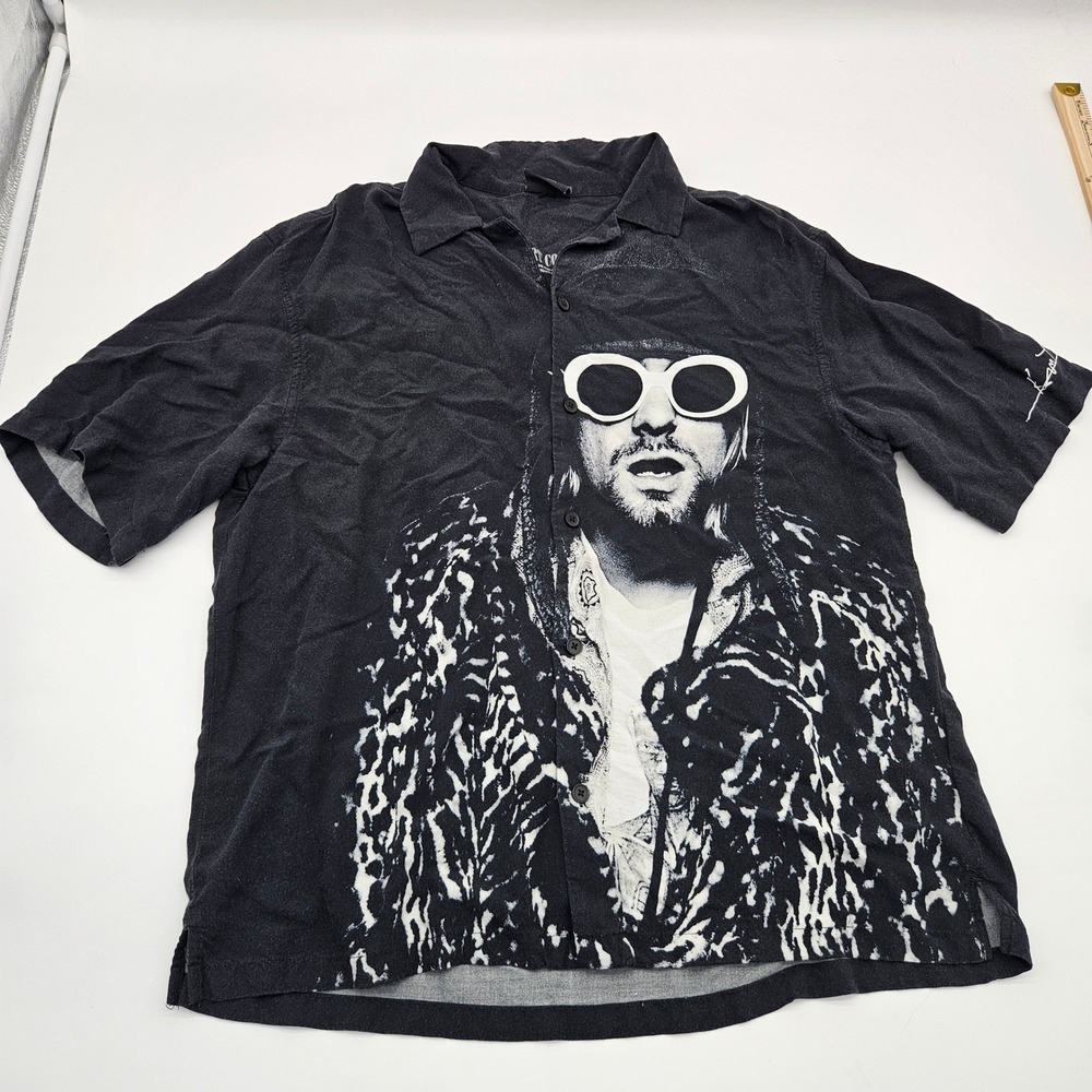 HM Kurt Cobain Graphic Button Down Shirt Black Loose Fit Nirvana Grunge Mens L